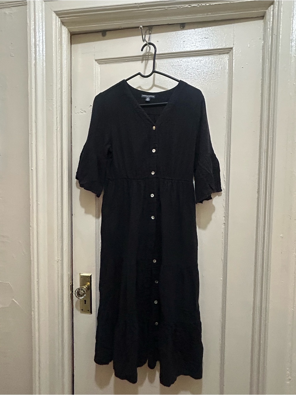 Chelsea & Theodore Guaze Dress Sz M Black Midi Button-Down Elastic Waist